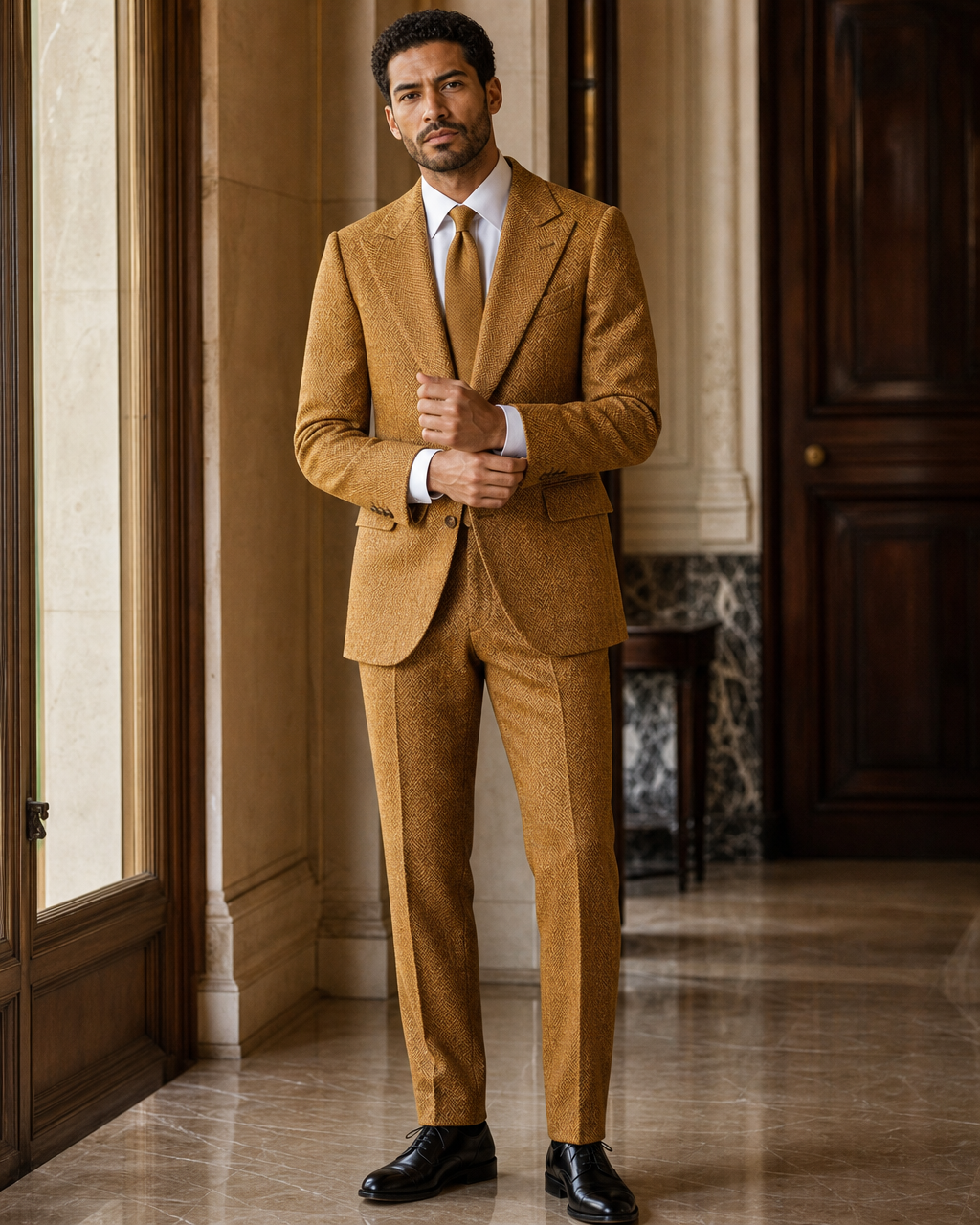 Warm Mustard Herringbone Winter Suit - Custom Made to Measure front view