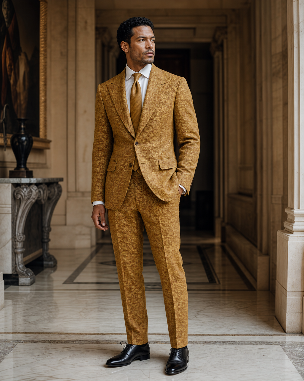 Warm Mustard Herringbone Winter Suit - Custom Made to Measure side back view
