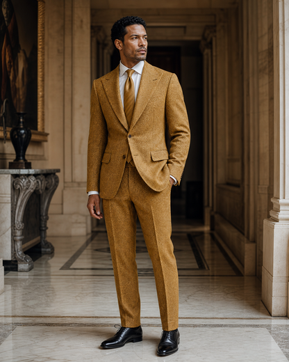 Warm Mustard Herringbone Winter Suit - Custom Made to Measure side back view