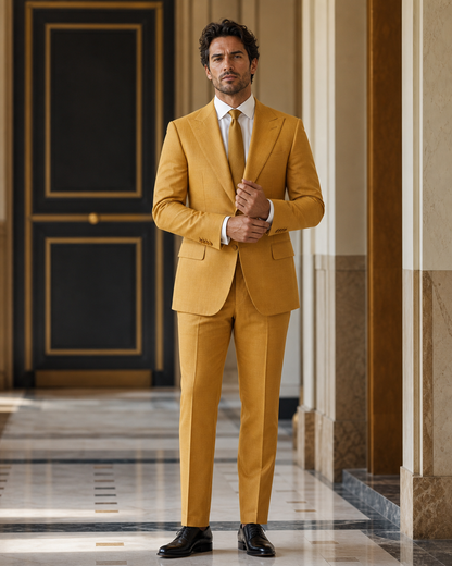 Warm Mustard Linen Beach Wedding Suit - Custom Made to Measure front view