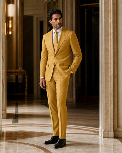 Warm Mustard Linen Beach Wedding Suit - Custom Made to Measure side back view