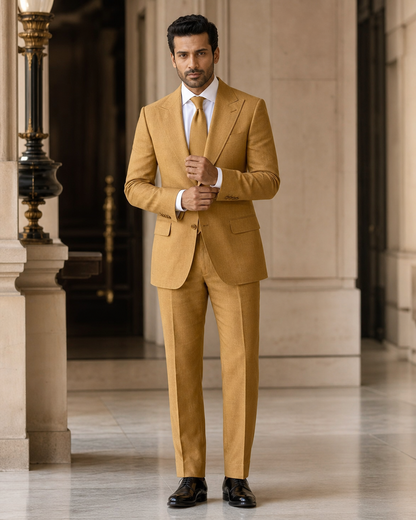 Warm Mustard Linen Outdoor Wedding Suit - Custom Made to Measure front view