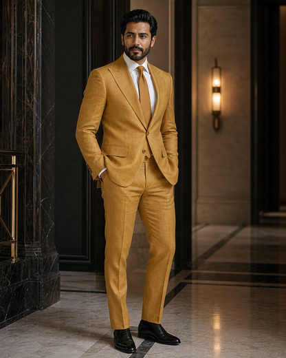 Warm Mustard Linen Outdoor Wedding Suit - Custom Made to Measure side back view