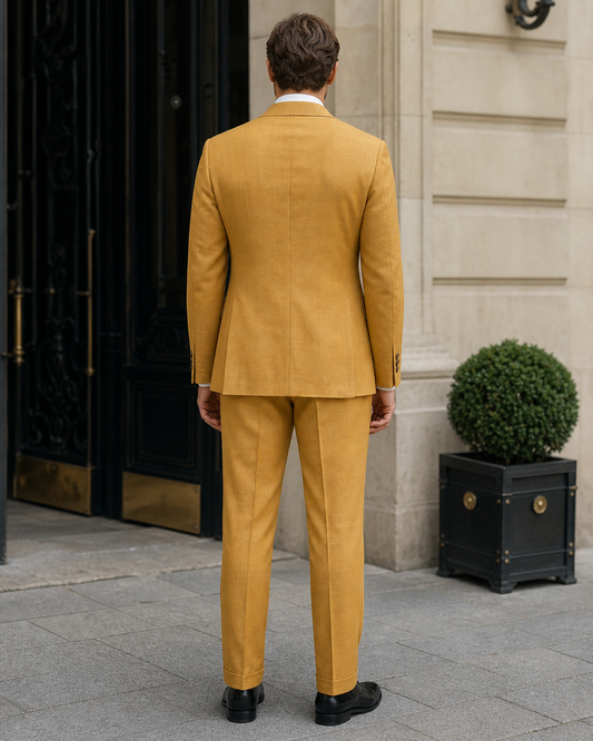 Warm Mustard Linen Peak Lapel Suit - Custom Made to Measure back view