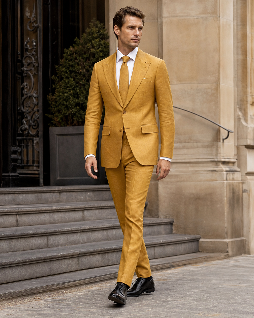 Warm Mustard Linen Peak Lapel Suit — Custom Made to Measure