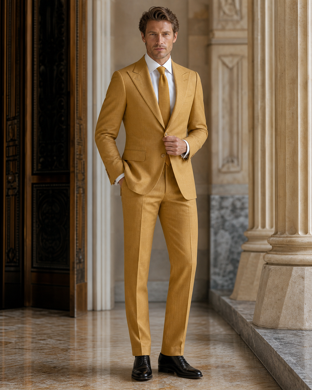 Warm Mustard Linen Summer Suit - Custom Made to Measure front view