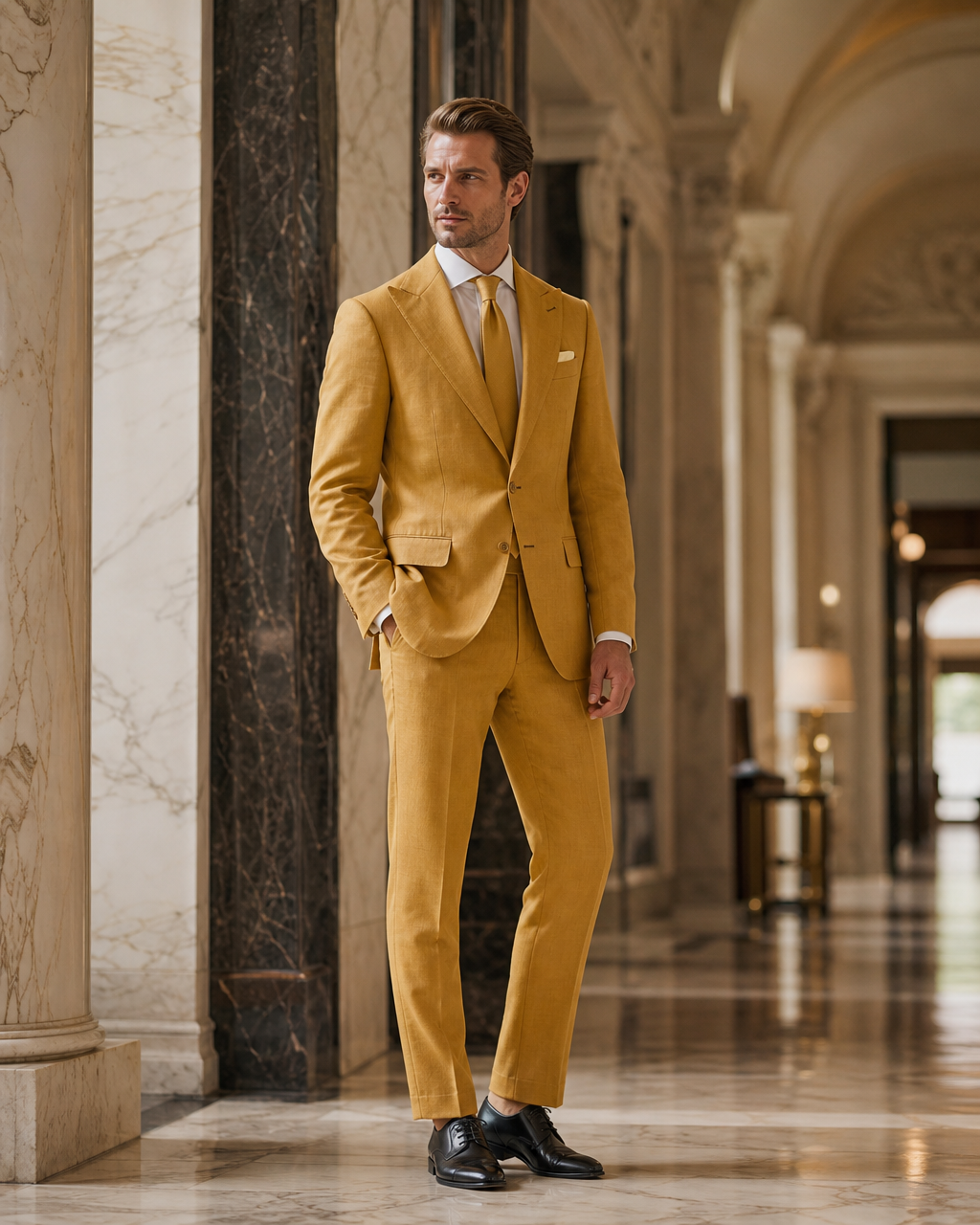 Warm Mustard Linen Summer Suit - Custom Made to Measure side back view