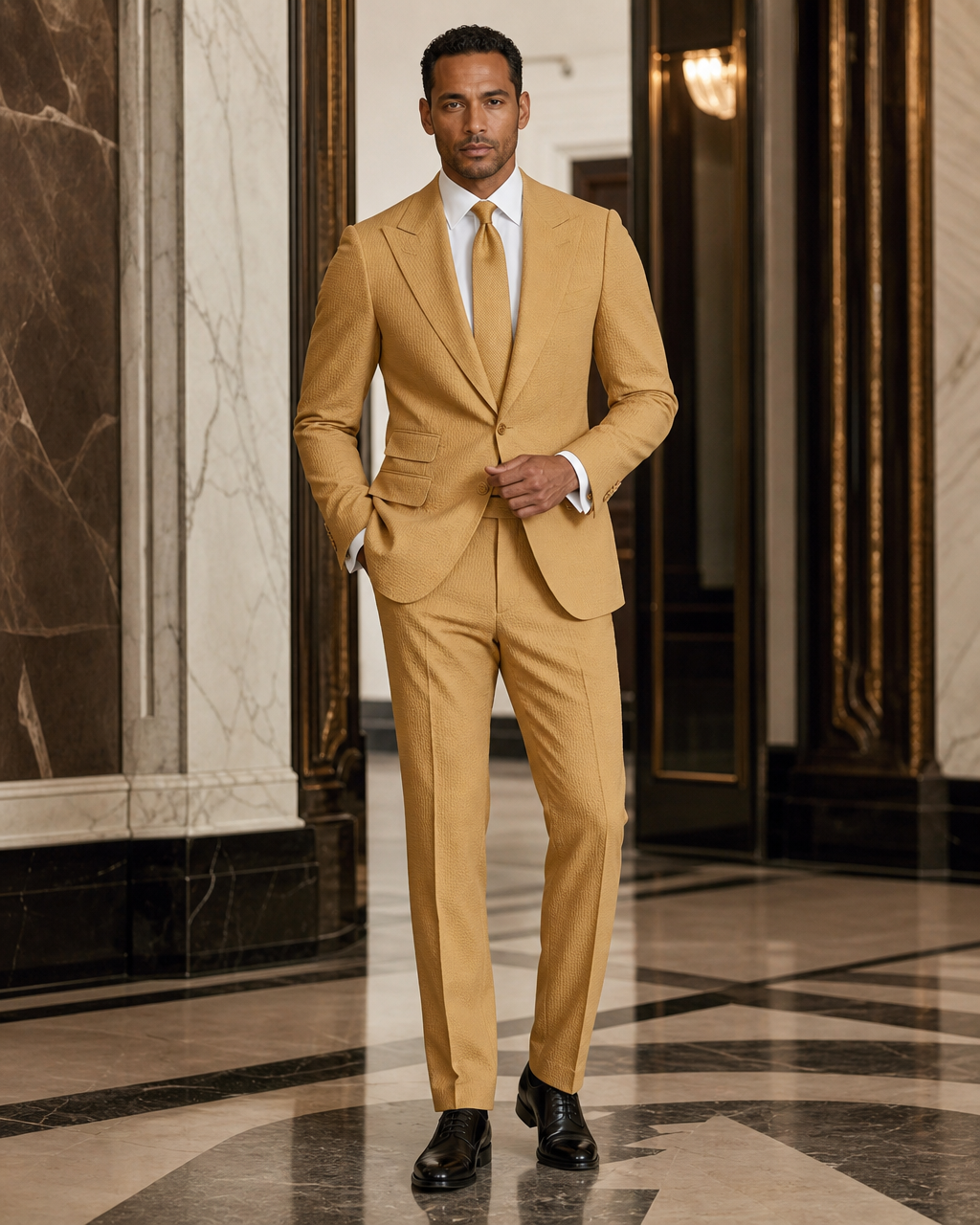 Warm Mustard Seersucker Beach Wedding Suit - Custom Made to Measure front view