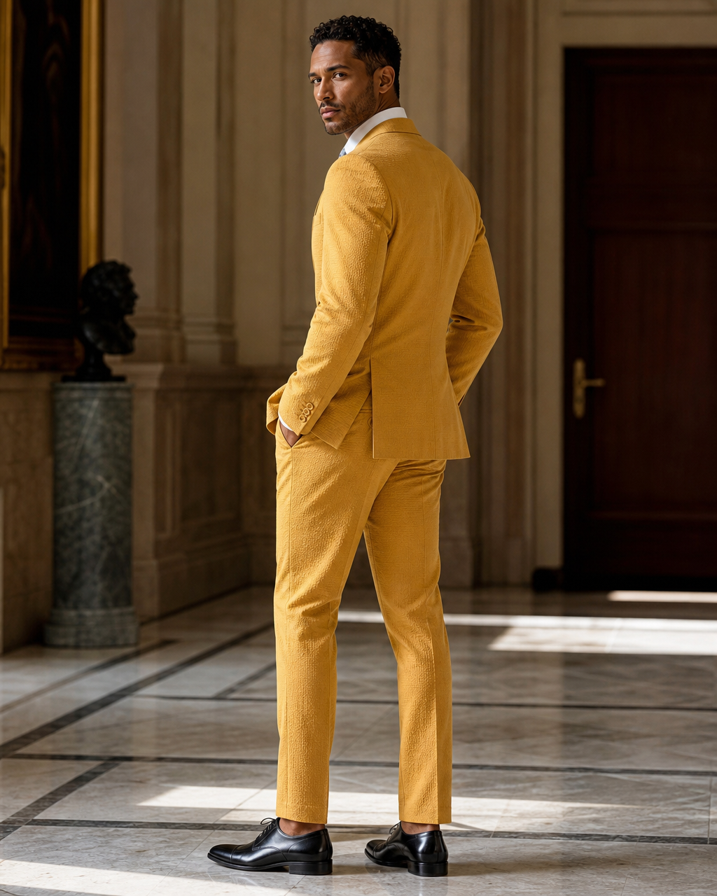Warm Mustard Seersucker Beach Wedding Suit - Custom Made to Measure side back view