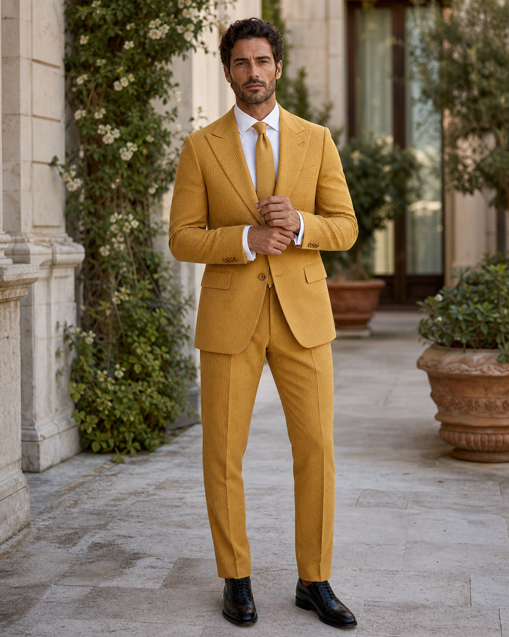 Warm Mustard Seersucker Outdoor Wedding Suit — Custom Made to Measure front view