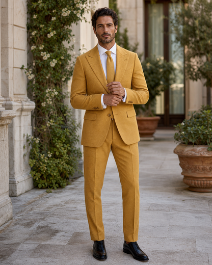 Warm Mustard Seersucker Outdoor Wedding Suit — Custom Made to Measure front view