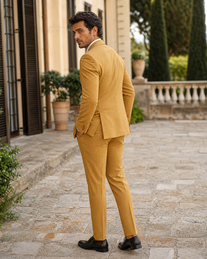 Warm Mustard Seersucker Outdoor Wedding Suit — Custom Made to Measure side back view