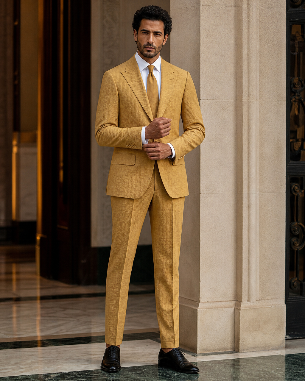 Warm Mustard Seersucker Summer Suit - Custom Made to Measure front view