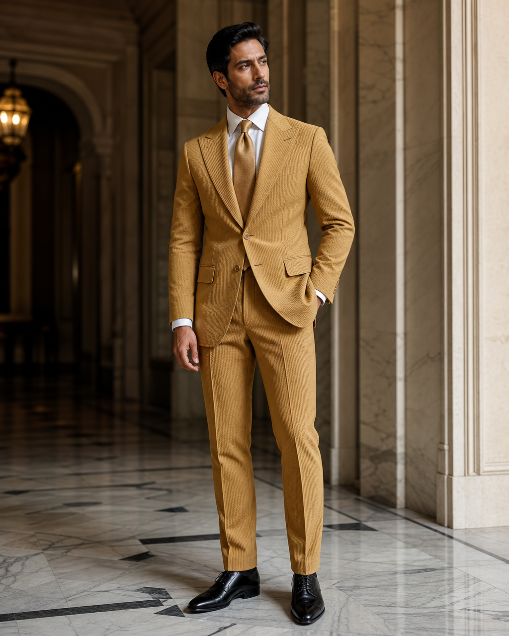 Warm Mustard Seersucker Summer Suit - Custom Made to Measure side back view