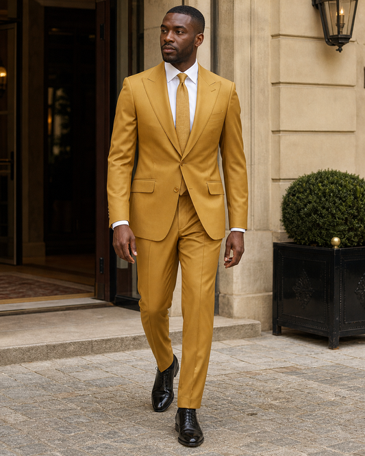 Warm Mustard Silk Blend Peak Lapel Suit - Custom Made to Measure front view