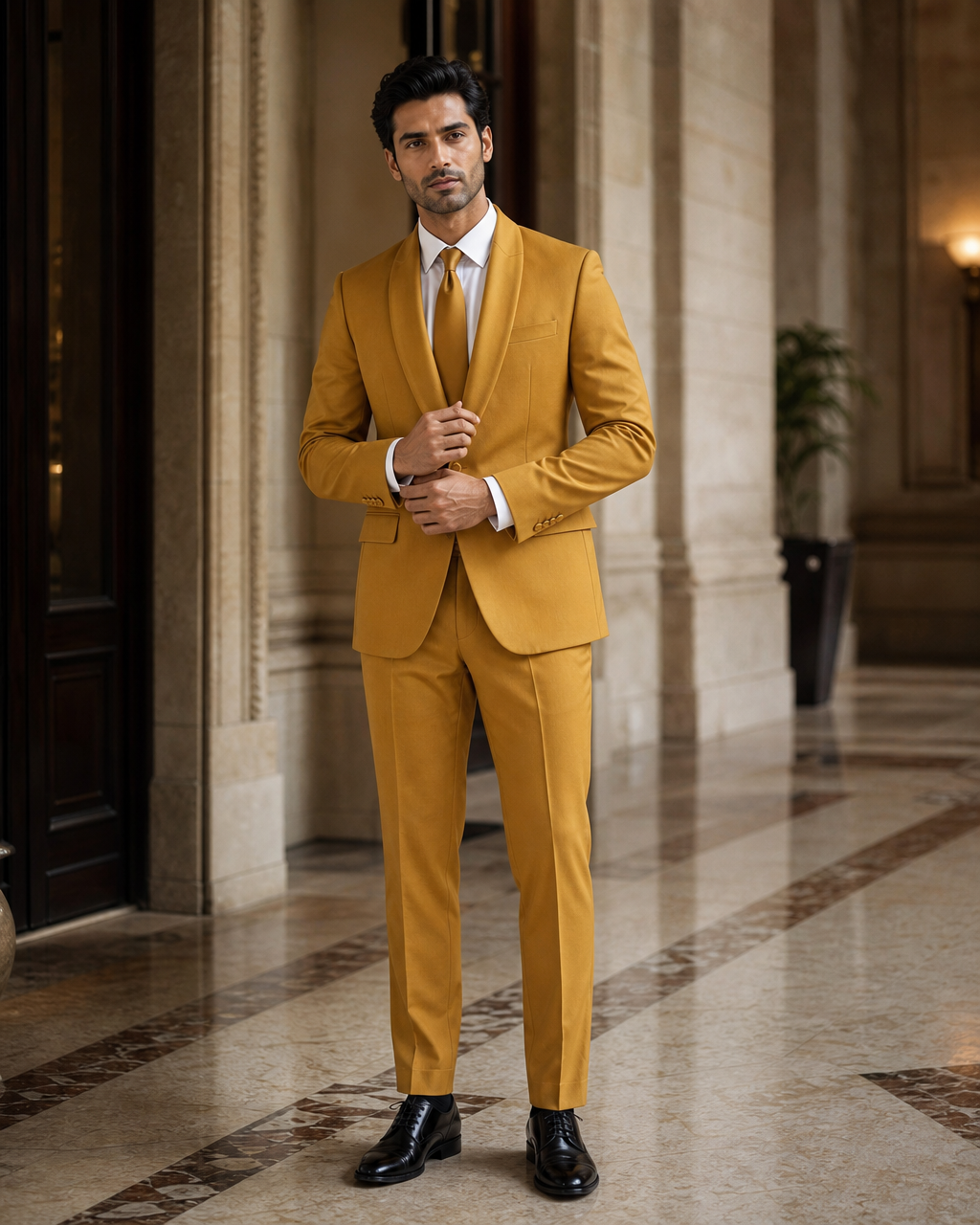 Warm Mustard Silk Blend Shawl Lapel Suit - Custom Made to Measure front view