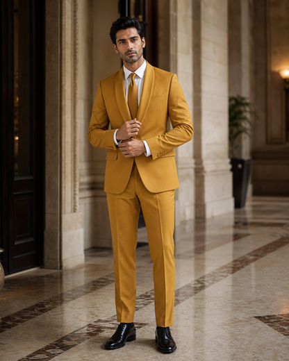 Warm Mustard Silk Blend Shawl Lapel Suit - Custom Made to Measure front view