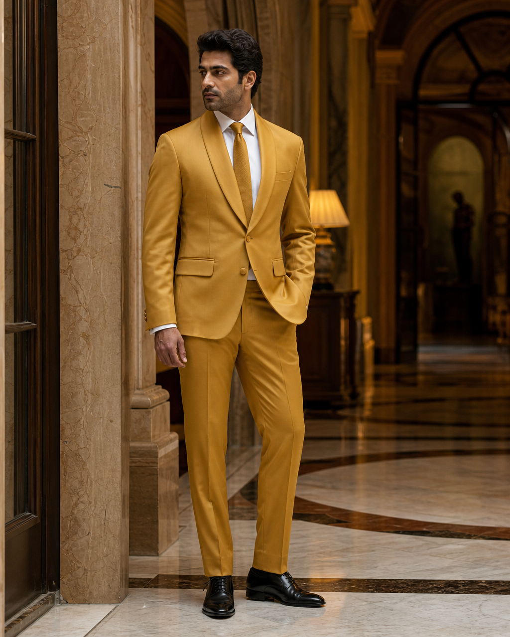Warm Mustard Silk Blend Shawl Lapel Suit - Custom Made to Measure side back view