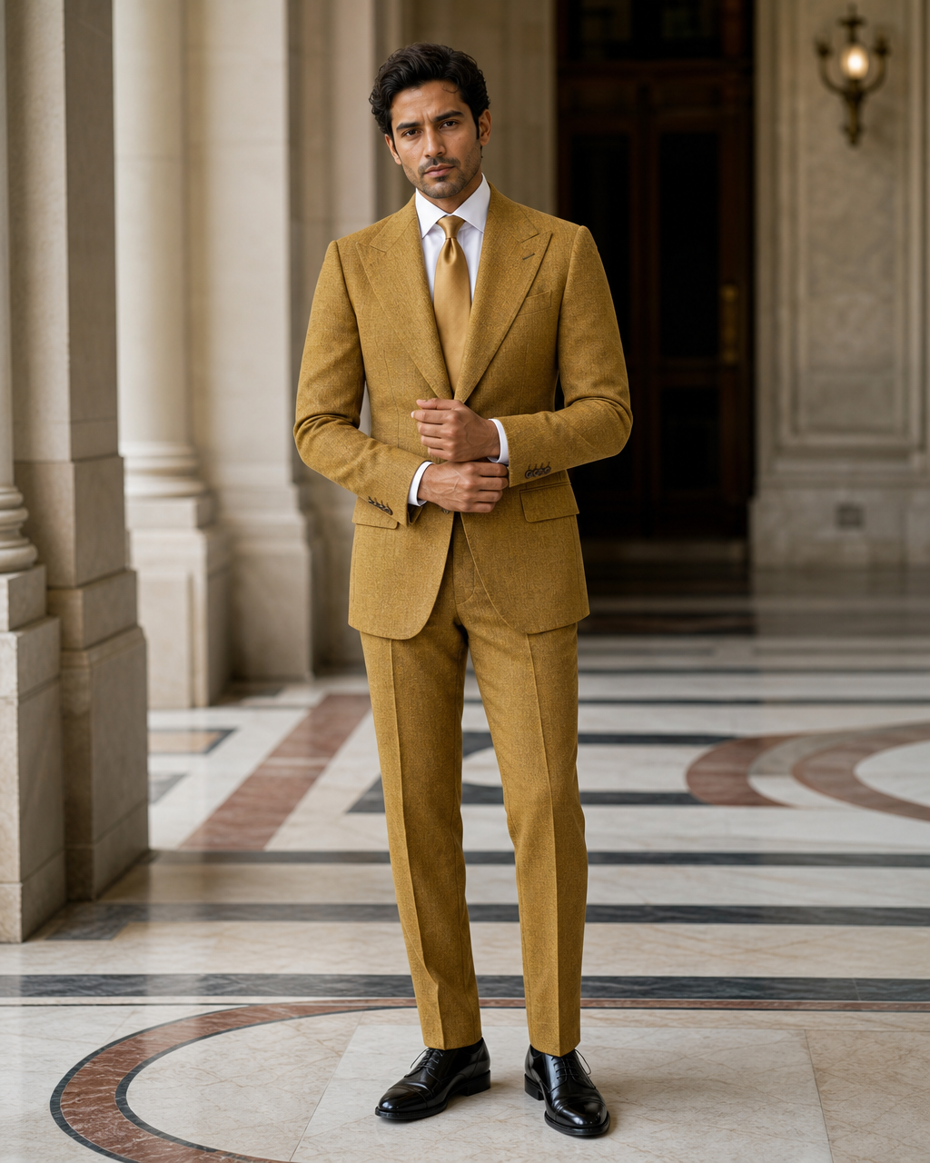 Warm Mustard Tweed Winter Suit - Custom Made to Measure front view