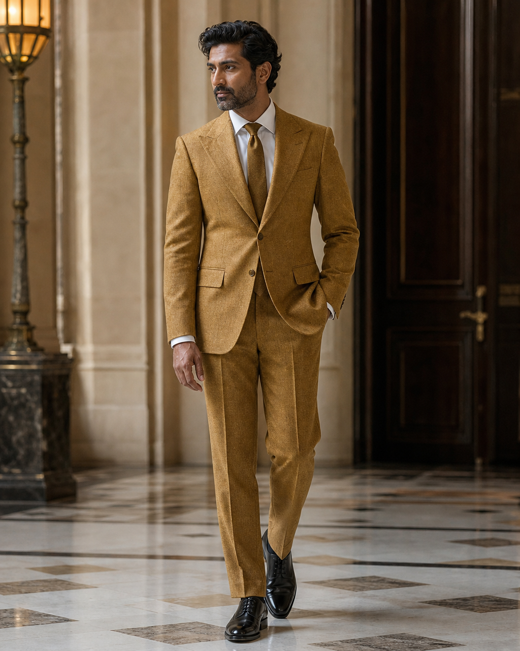 Warm Mustard Tweed Winter Suit - Custom Made to Measure side back view