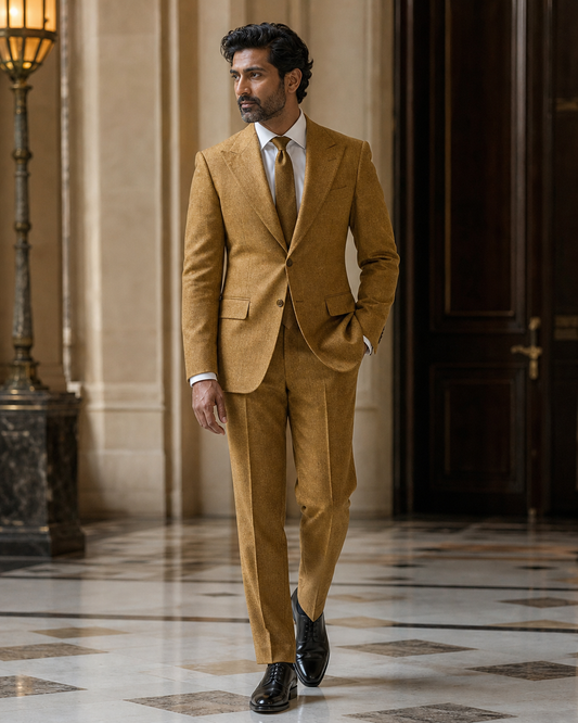 Warm Mustard Tweed Winter Suit - Custom Made to Measure side back view