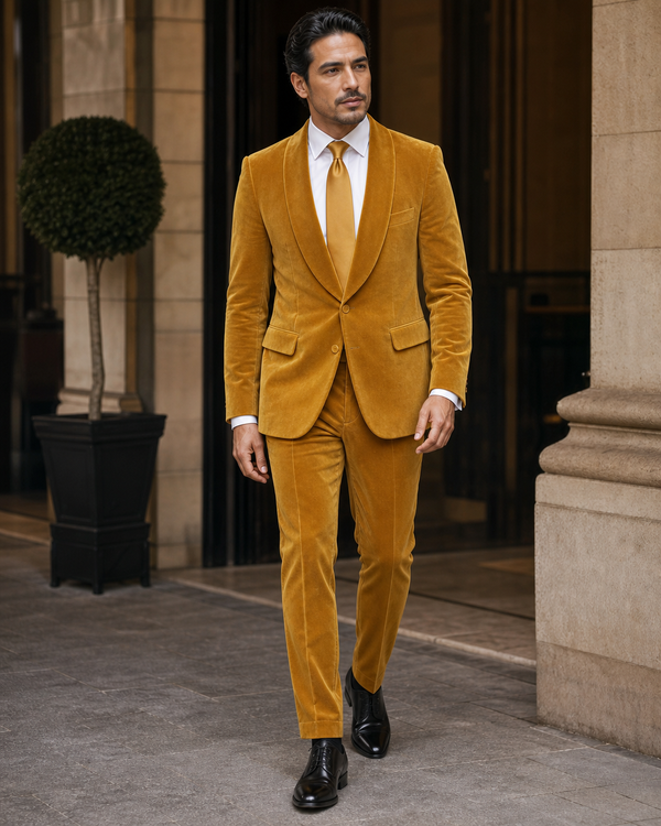 Warm Mustard Velvet Shawl Lapel Suit — Custom Made to Measure
