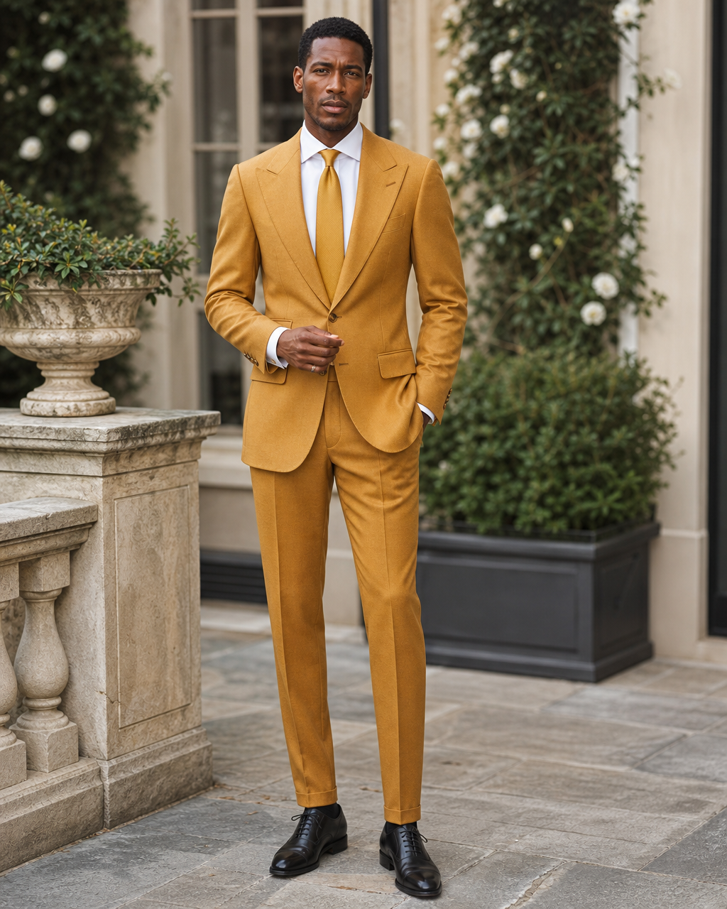 Warm Mustard Wool Outdoor Wedding Suit — Custom Made to Measure front view