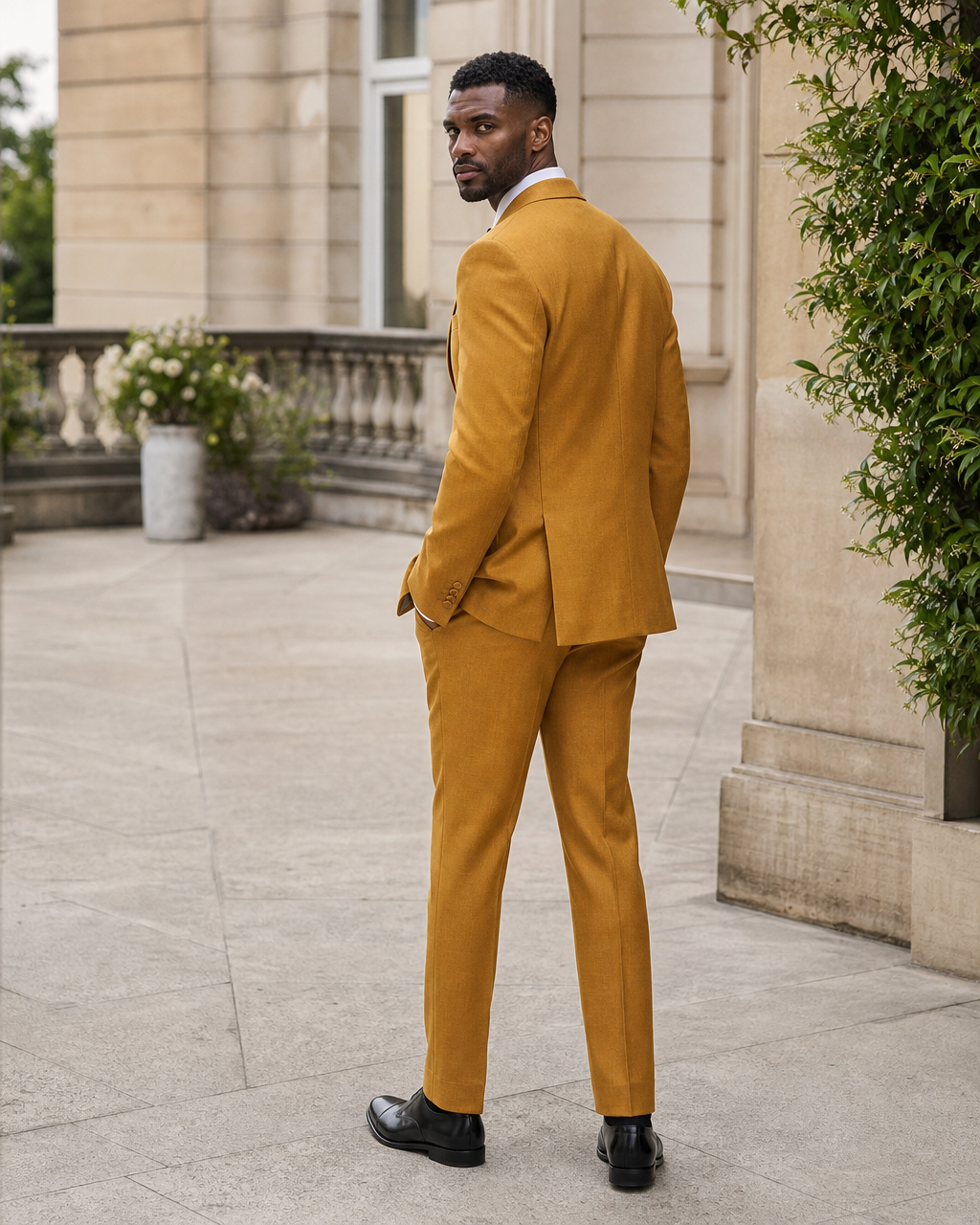 Warm Mustard Wool Outdoor Wedding Suit — Custom Made to Measure side back view
