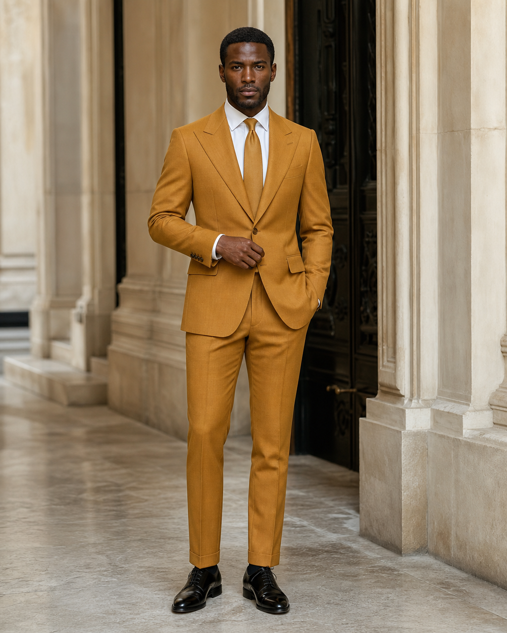 Warm Mustard Wool Winter Suit - Custom Made to Measure front view