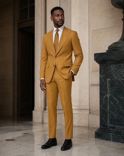 Warm Mustard Wool Winter Suit - Custom Made to Measure side back view