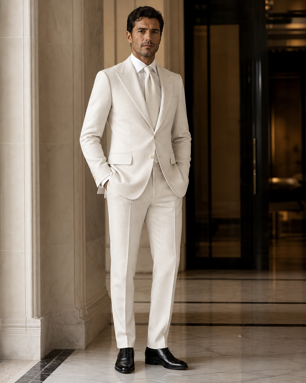 White Herringbone Winter Suit - Custom Made to Measure side back view