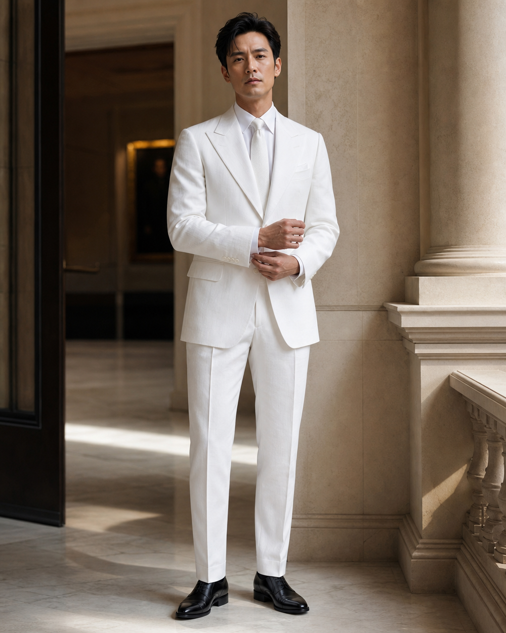 White Linen Outdoor Wedding Suit - Custom Made to Measure front view