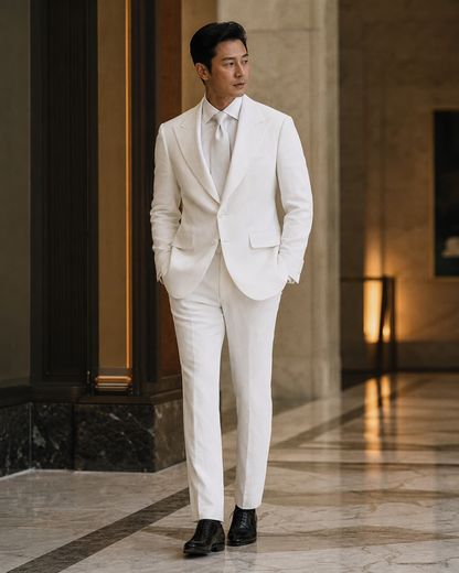 White Linen Outdoor Wedding Suit - Custom Made to Measure side back view