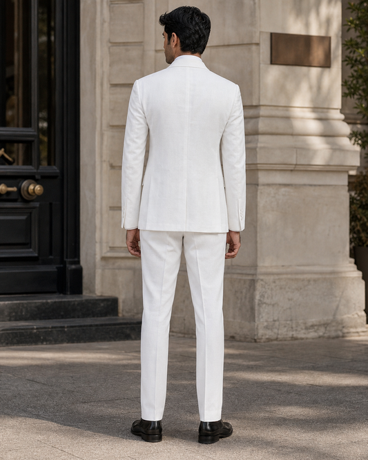 White Linen Peak Lapel Suit - Custom Made to Measure back view