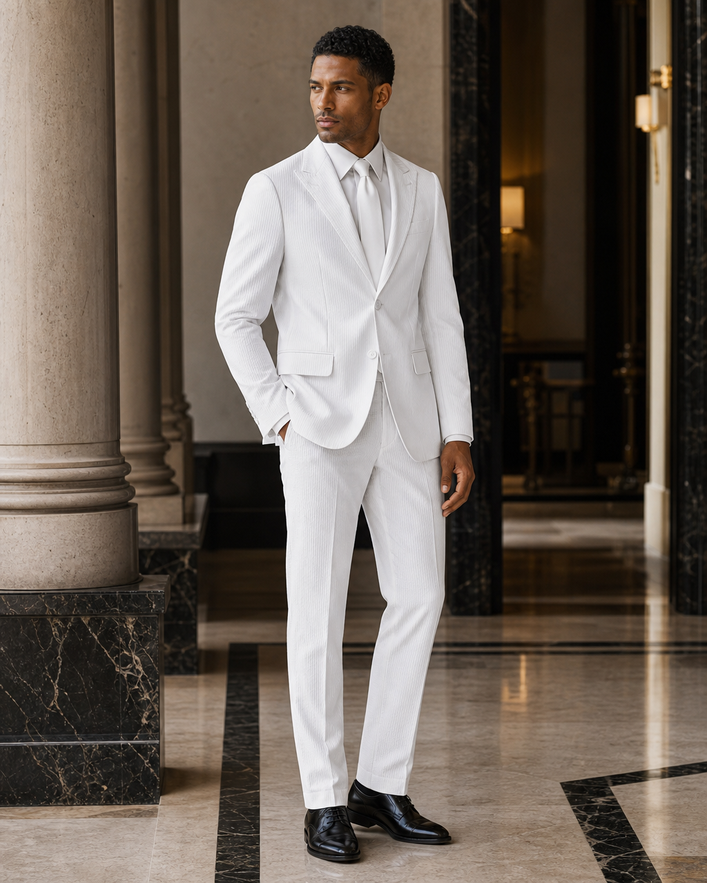 White Seersucker Beach Wedding Suit - Custom Made to Measure side back view