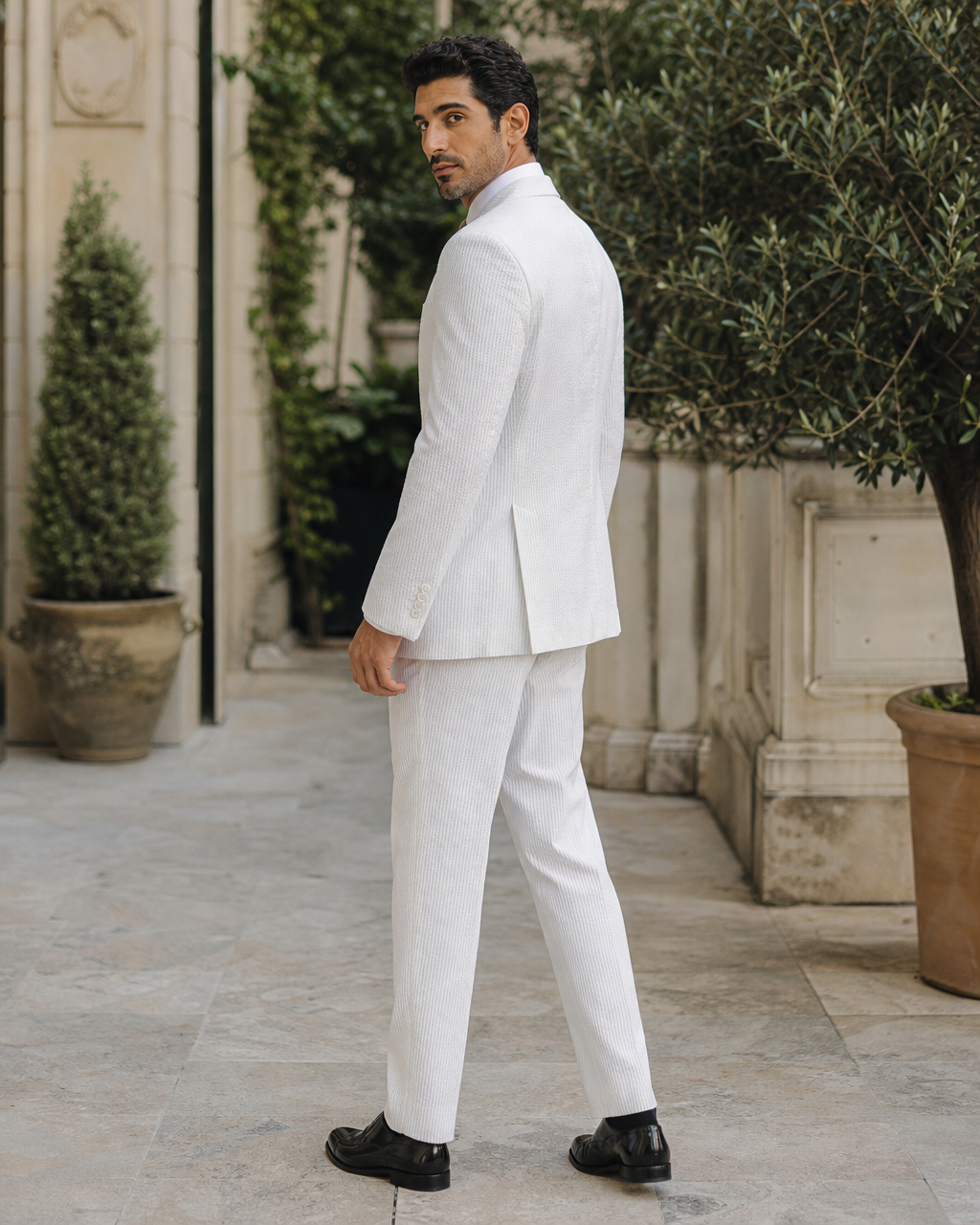 White Seersucker Outdoor Wedding Suit — Custom Made to Measure side back view