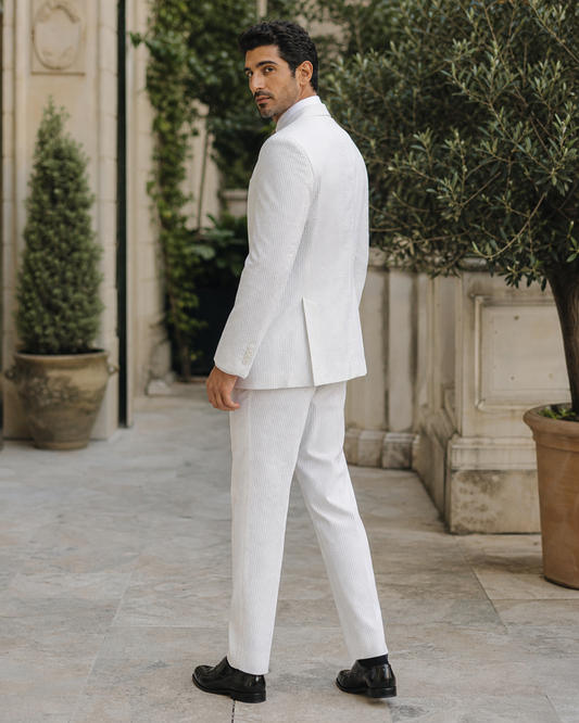 White Seersucker Outdoor Wedding Suit — Custom Made to Measure side back view