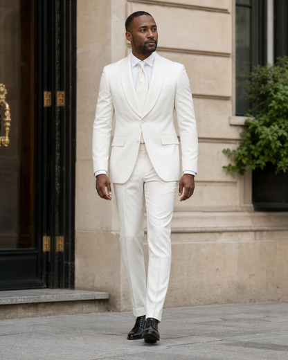 White Silk Blend Shawl Lapel Suit - Custom Made to Measure front view