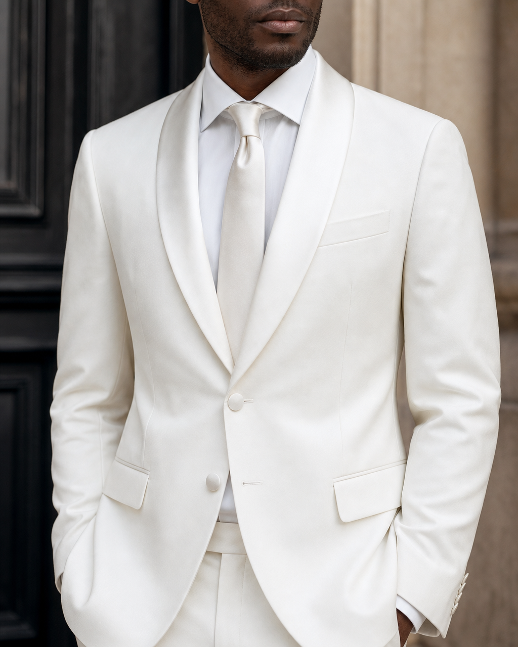 White Silk Blend Shawl Lapel Suit - Custom Made to Measure lapel chest close up