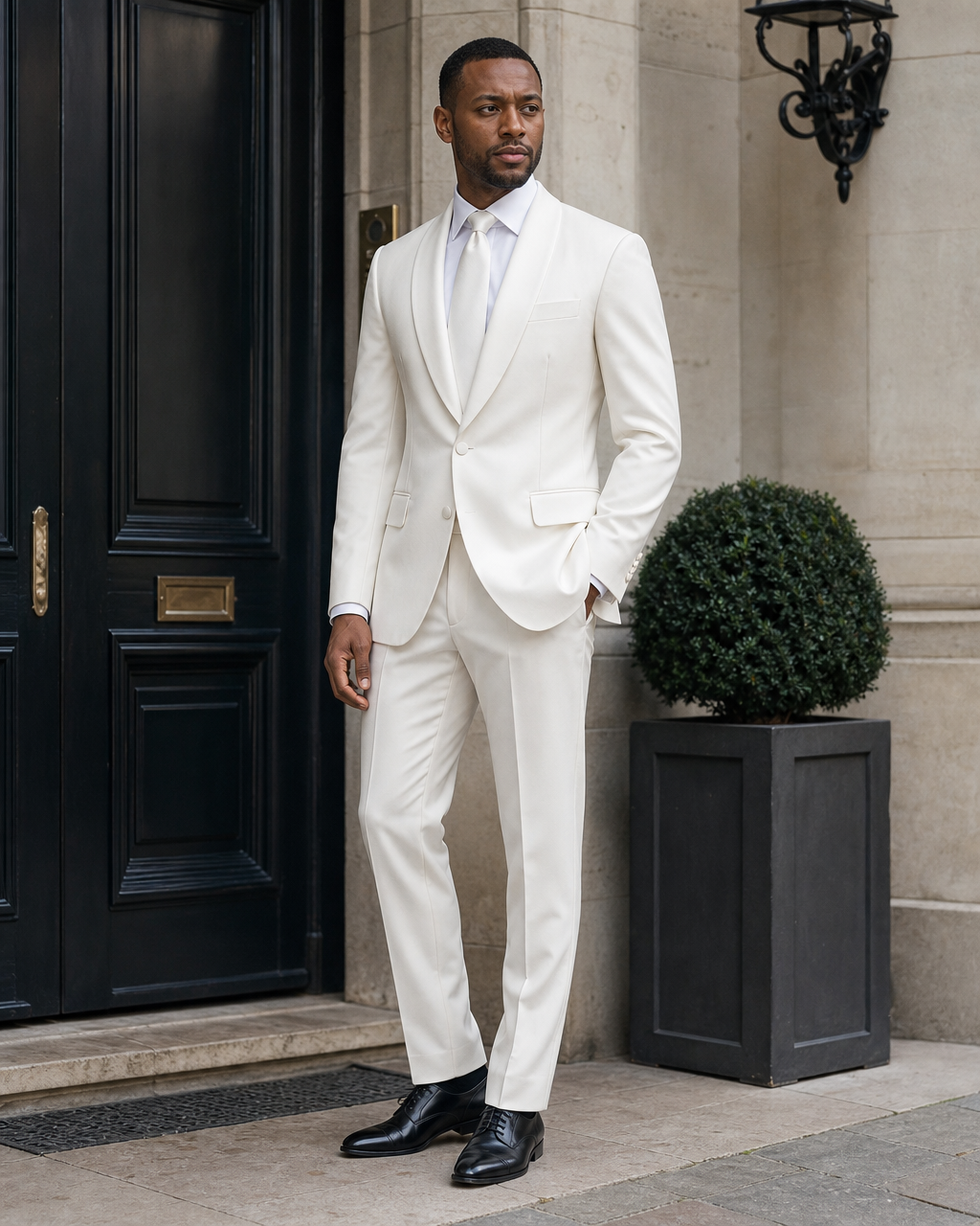White Silk Blend Shawl Lapel Suit - Custom Made to Measure side three quarter view