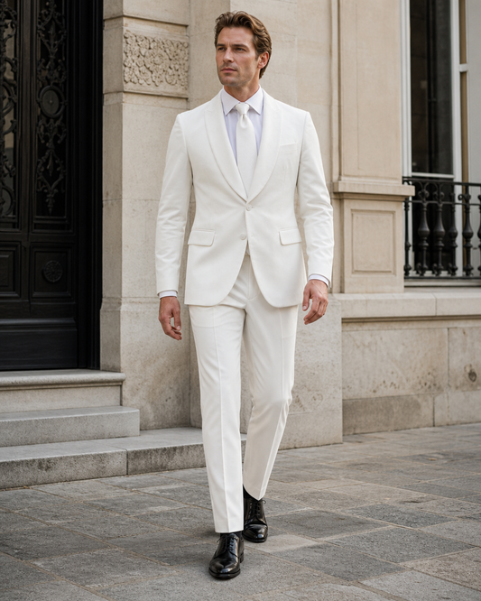 White Velvet Shawl Lapel Suit - Custom Made to Measure front view