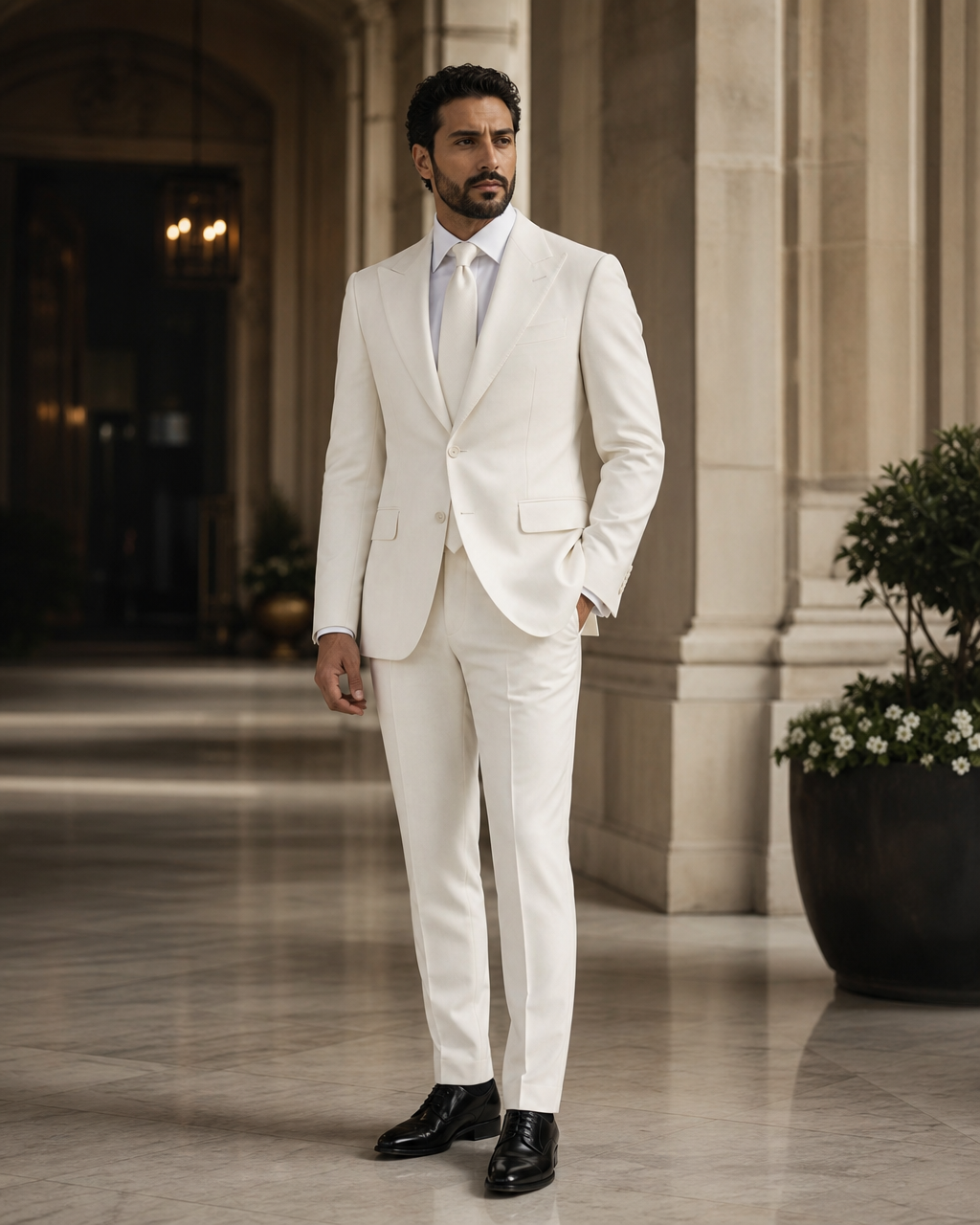 White Wool Outdoor Wedding Suit - Custom Made to Measure side back view