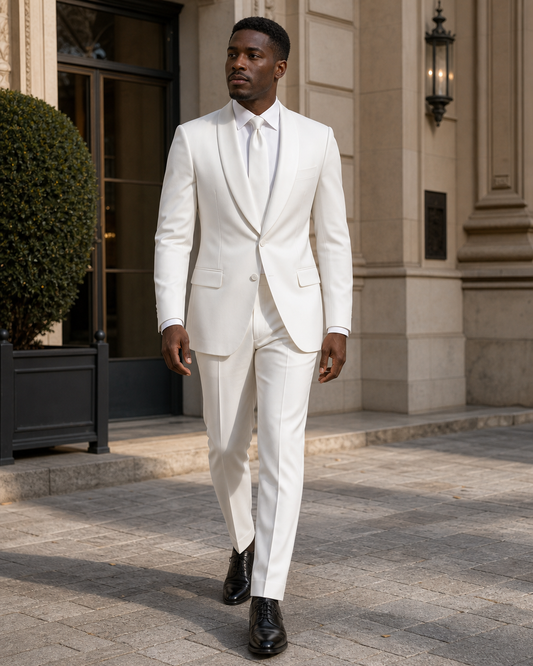 White Wool Shawl Lapel Suit - Custom Made to Measure front view