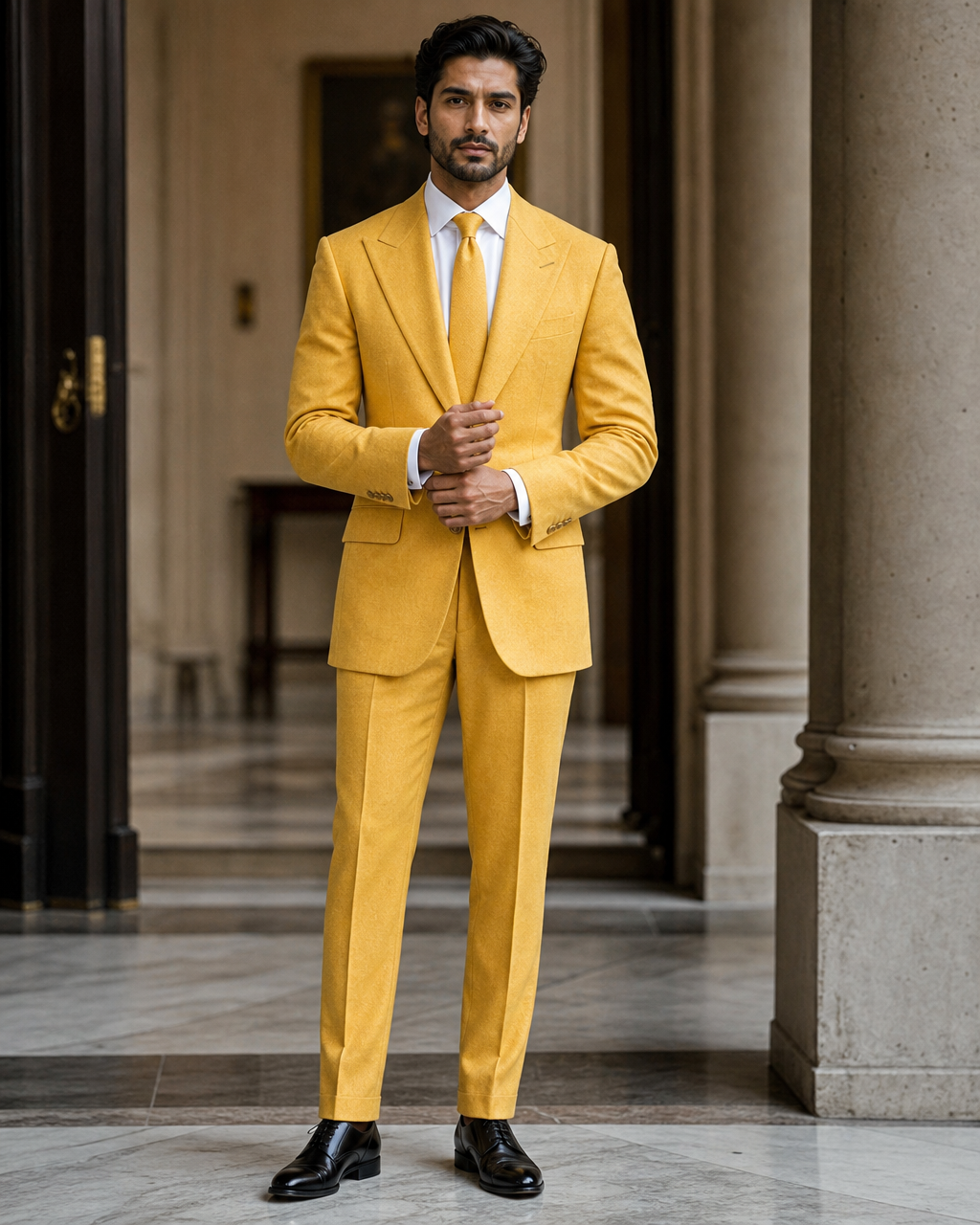 Yellow Cashmere Blend Winter Suit - Custom Made to Measure front view