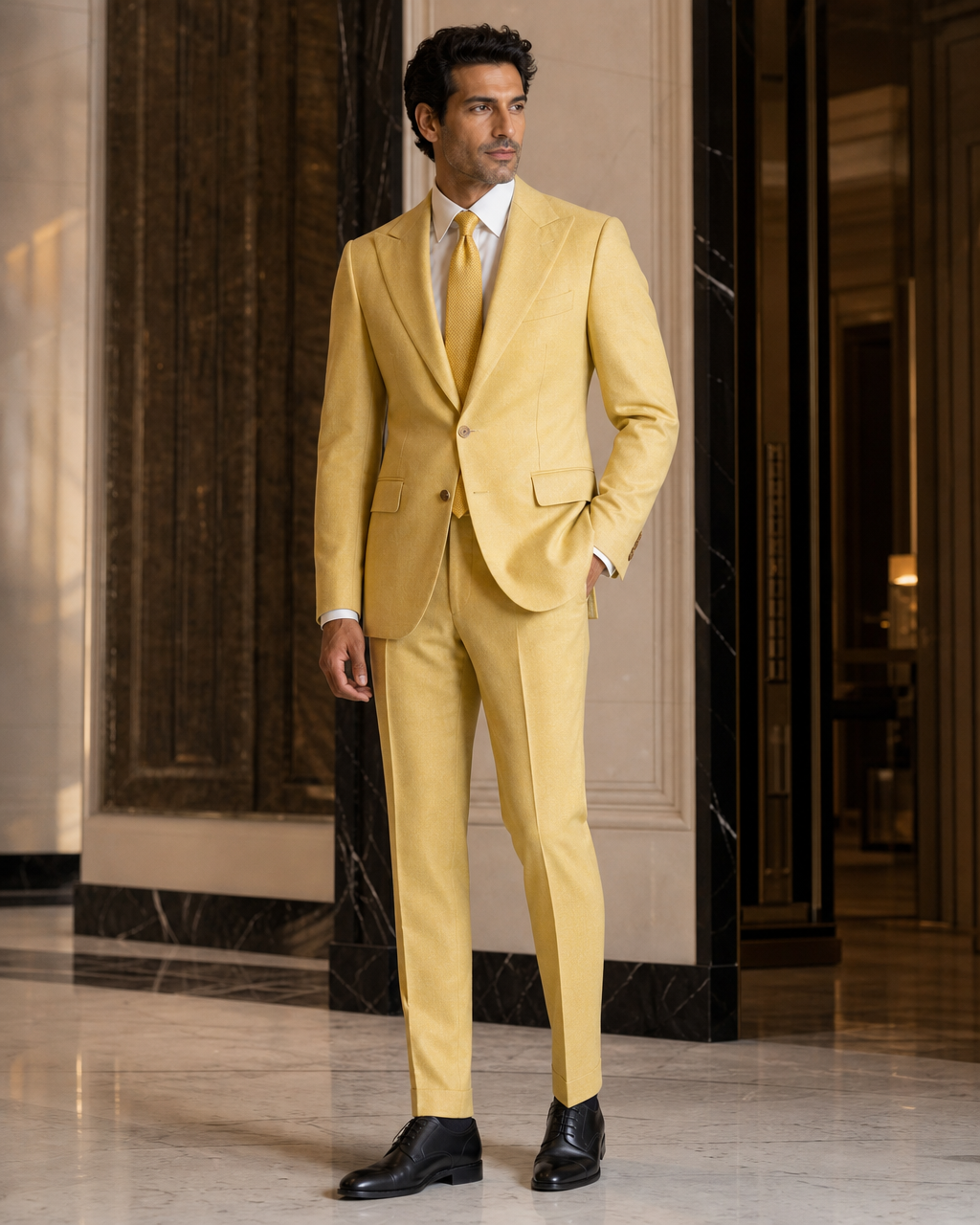 Yellow Cashmere Blend Winter Suit - Custom Made to Measure side back view
