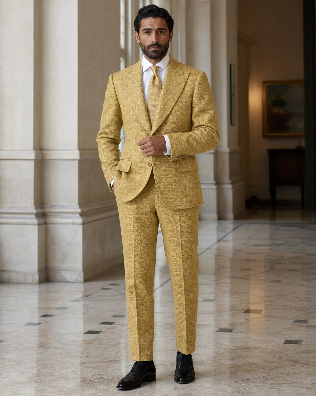 Yellow Herringbone Winter Suit - Custom Made to Measure front view