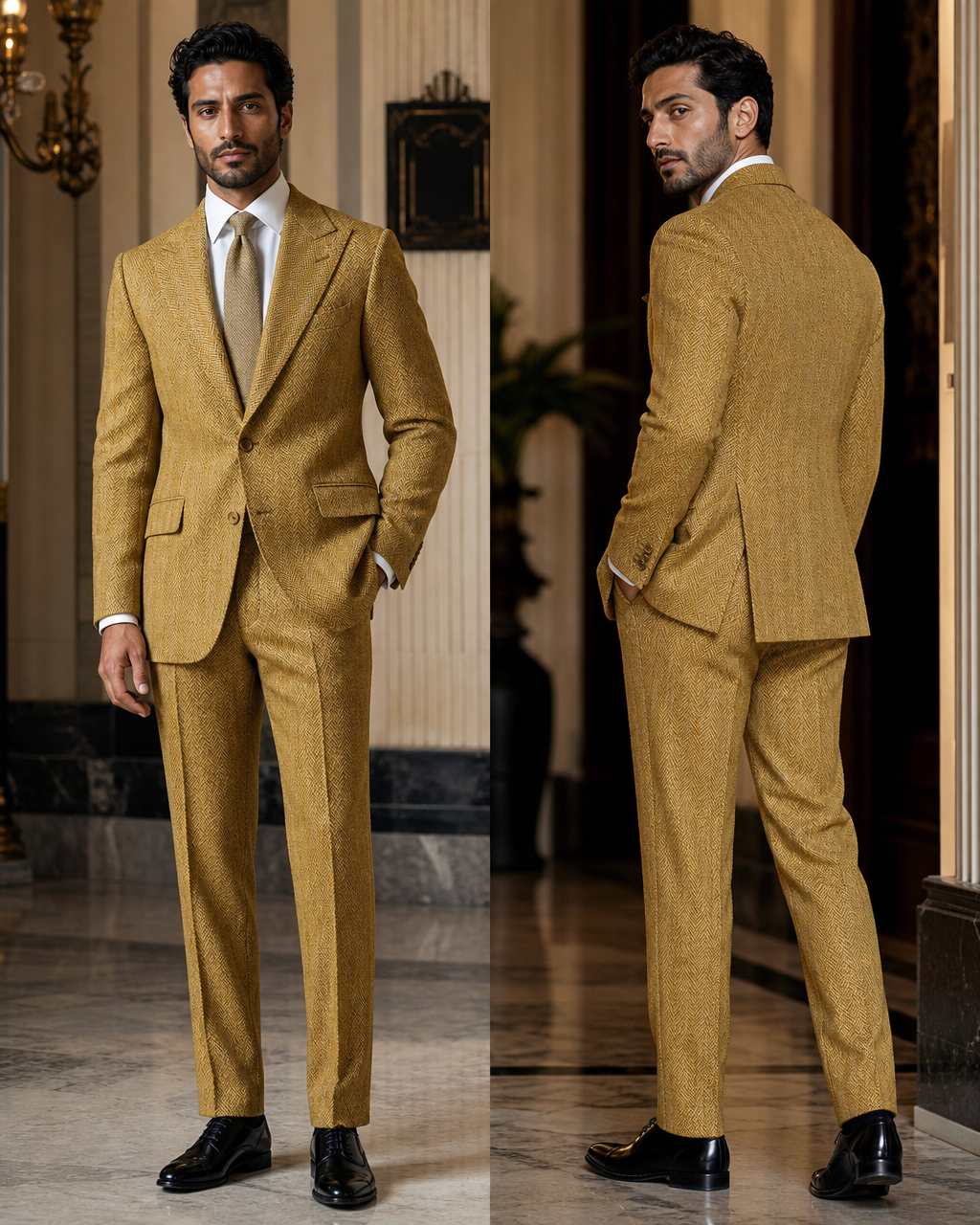 Yellow Herringbone Winter Suit - Custom Made to Measure side back view