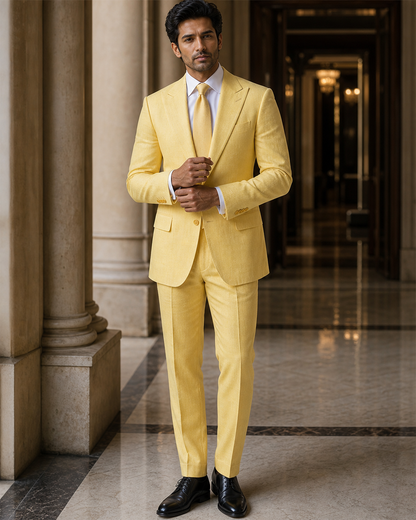 Yellow Linen Beach Wedding Suit - Custom Made to Measure front view