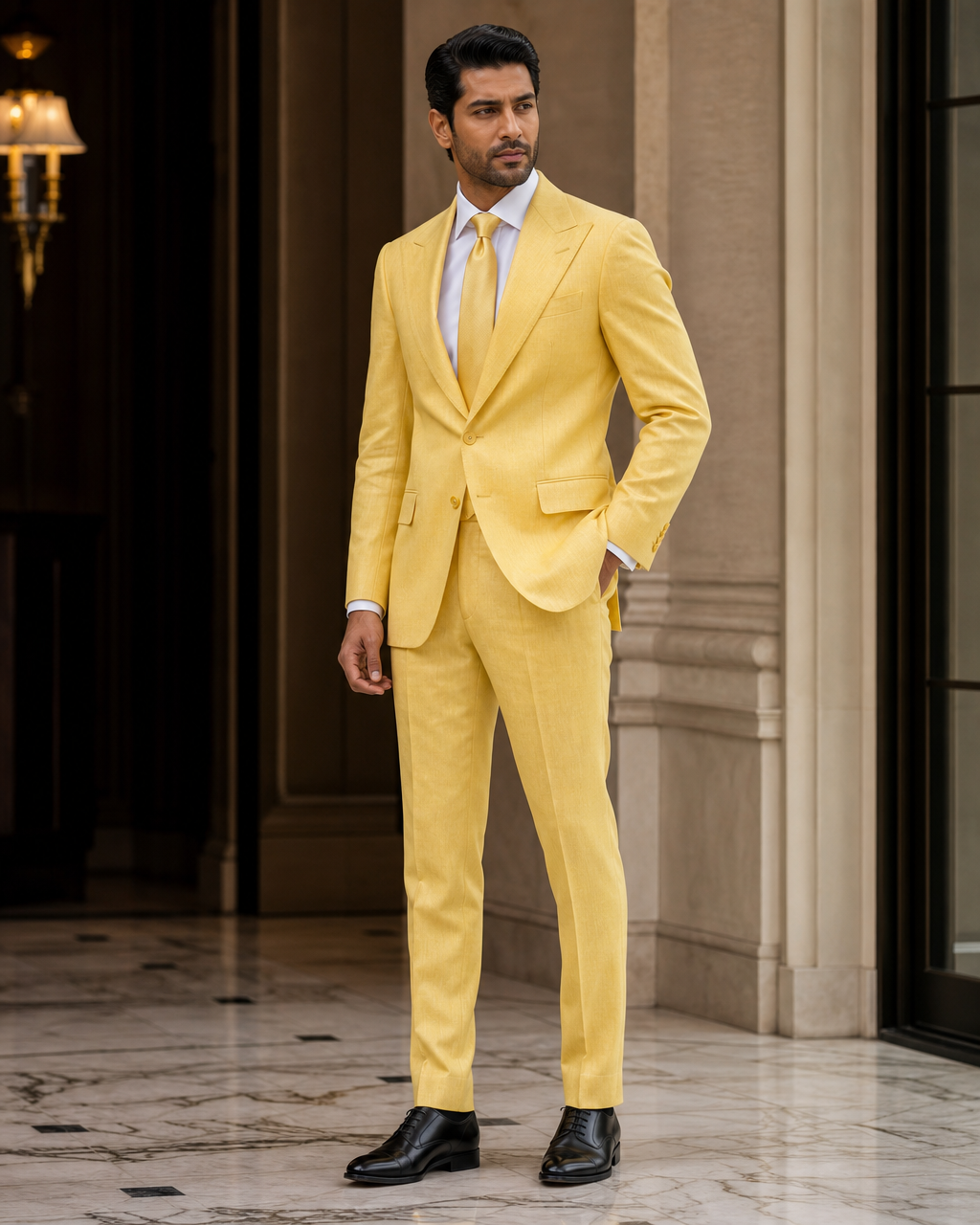 Yellow Linen Beach Wedding Suit - Custom Made to Measure side back view