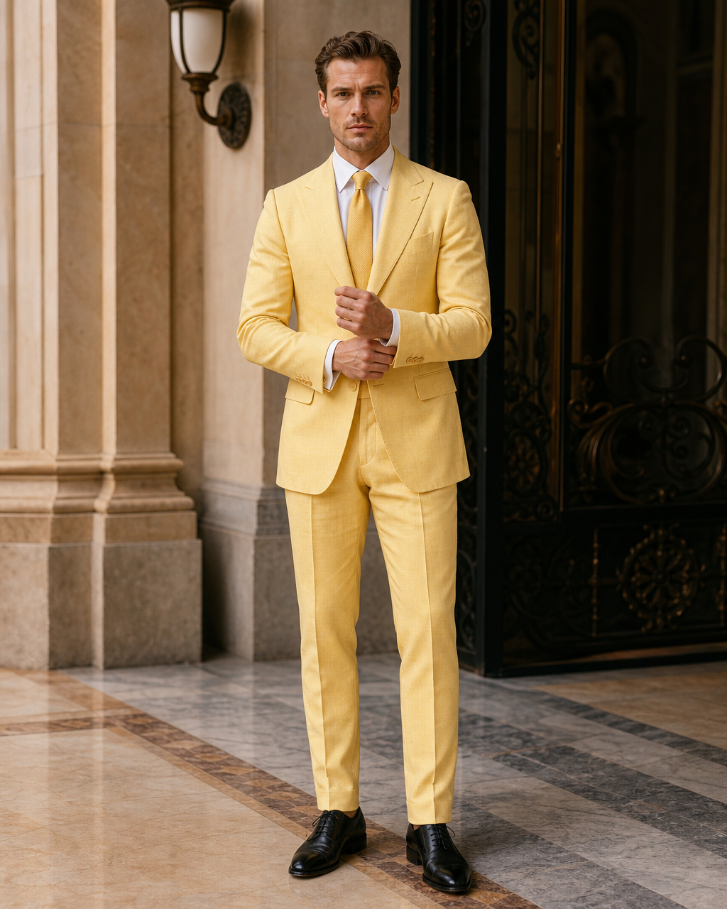 Yellow Linen Outdoor Wedding Suit - Custom Made to Measure front view